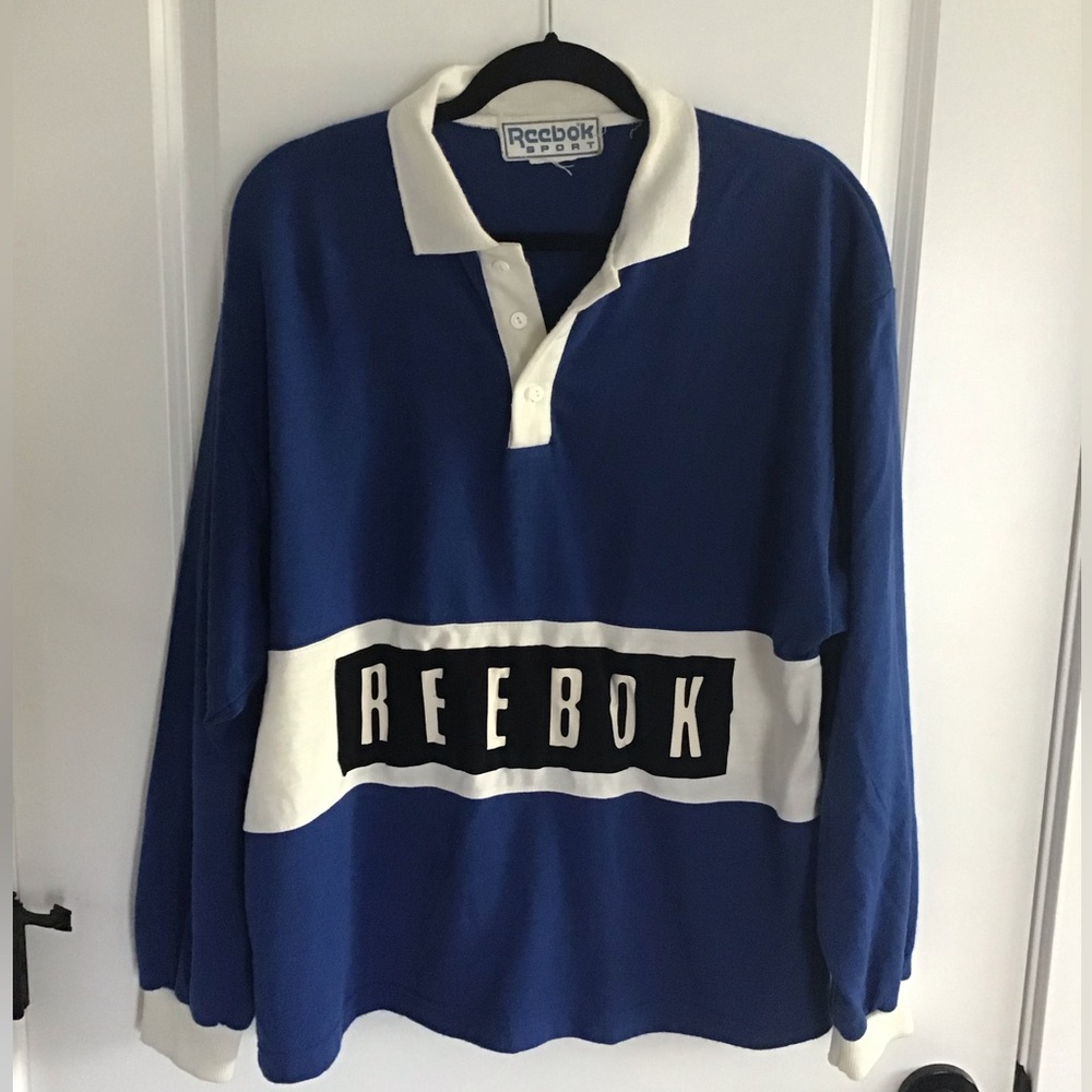 Reebok Classic Rugby Shirt Long Sleeve Pullover Top Blue White L 90s